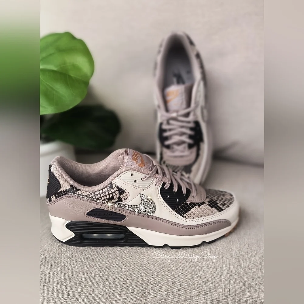 Bling Womens Nike Air Max 90 Animal Print Customized Sneakers With Crystals
